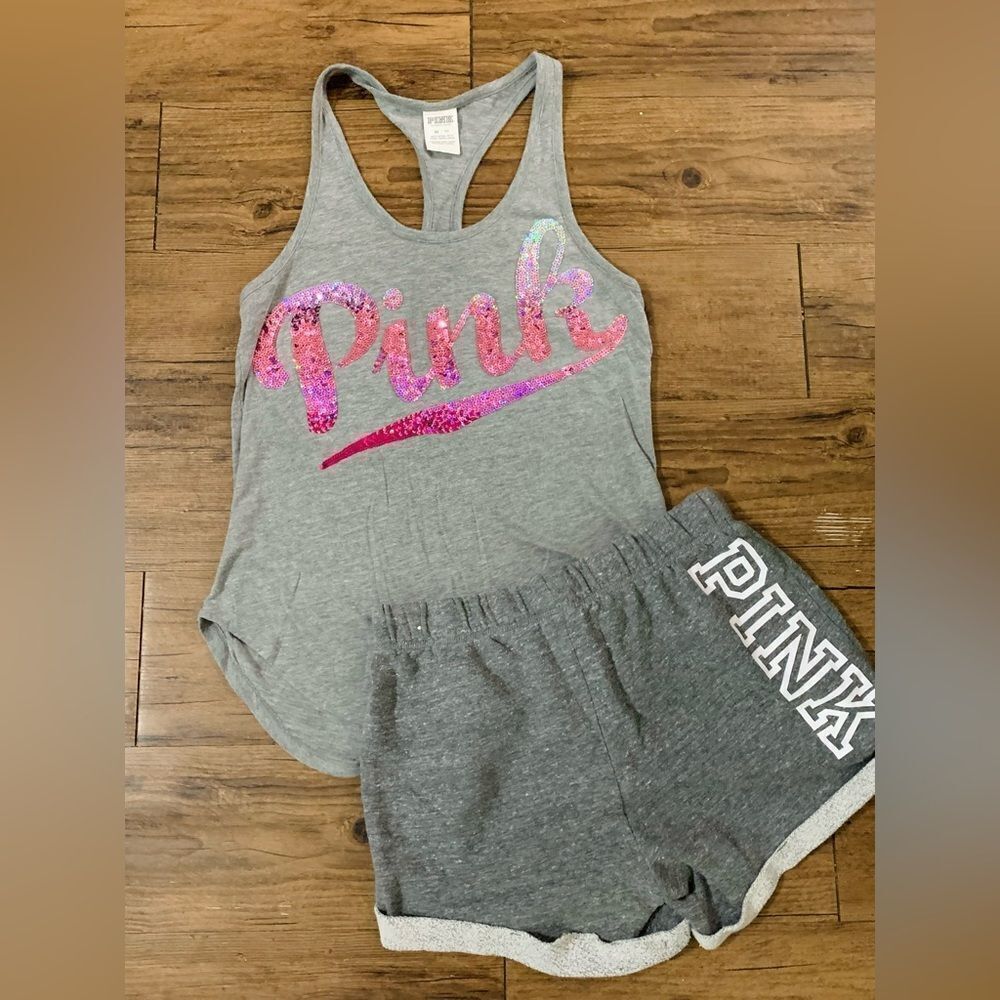 PINK VS OMBRÉ BLING LOGO TANK/ BOYFRIEND SHORTS OUTFIT SET XS